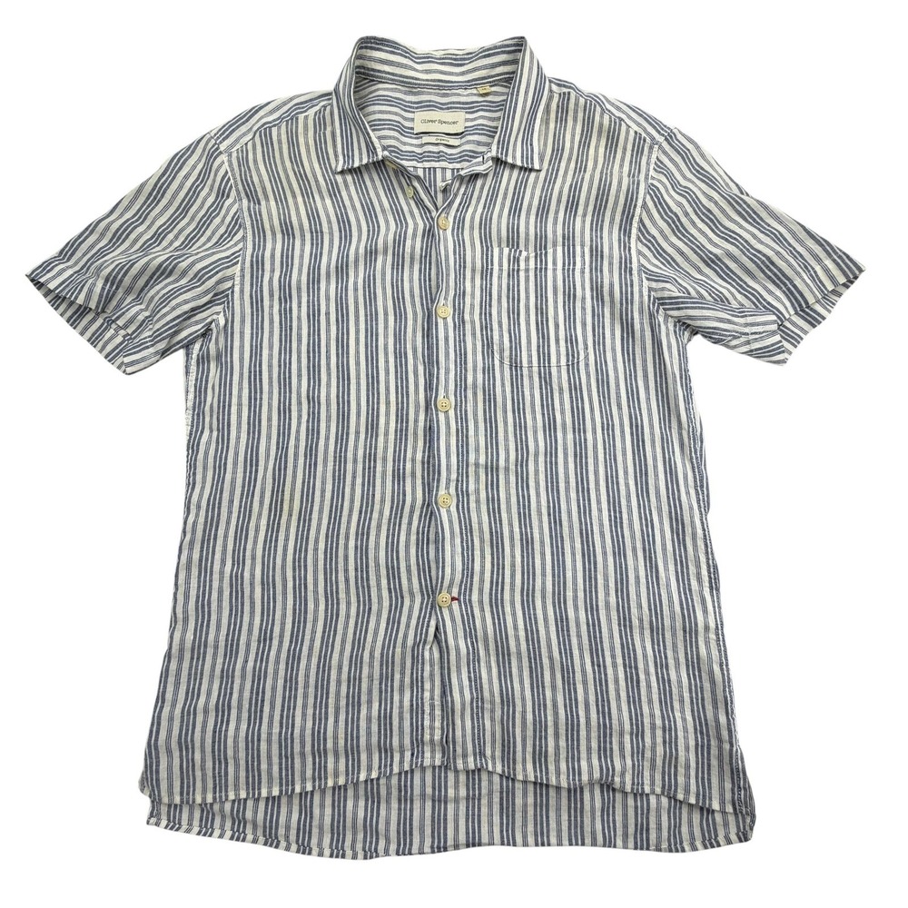 Oliver Spencer Shirt Mens L Blue Striped Short Sleeve Button Up Organic Linen